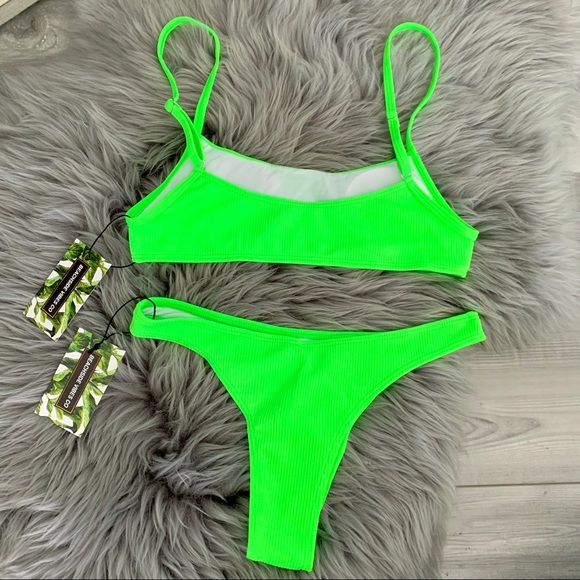 Neon Green Ribbed Bikini NWT - Picture 2 of 8